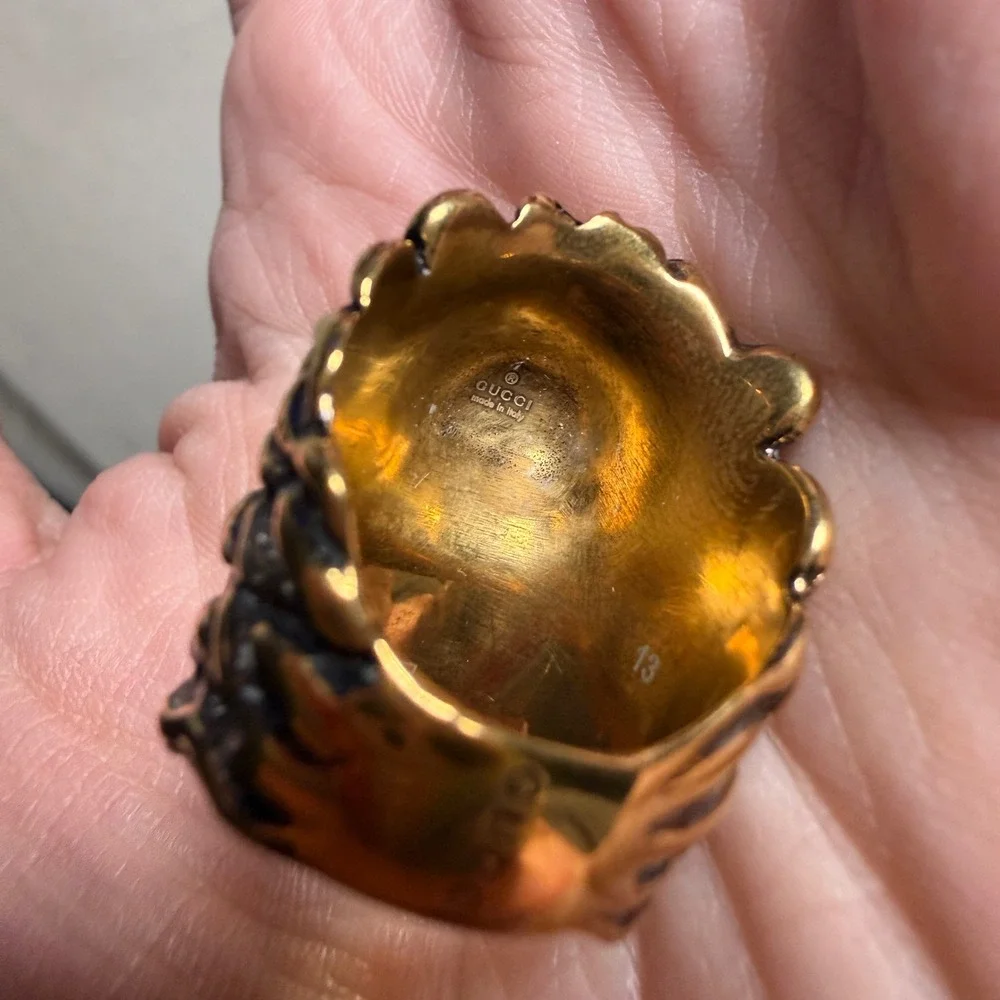 Gucci‎ Lion Head Ring Black Crystal Aged Gold Size 13 US 6.5 Auth w/ New